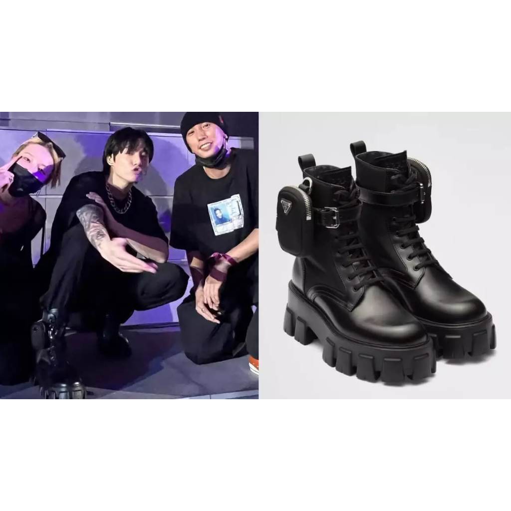 Lisa BP dan Jungkook BTS Sepatu Boots PRADÅ muffin pocket triangle