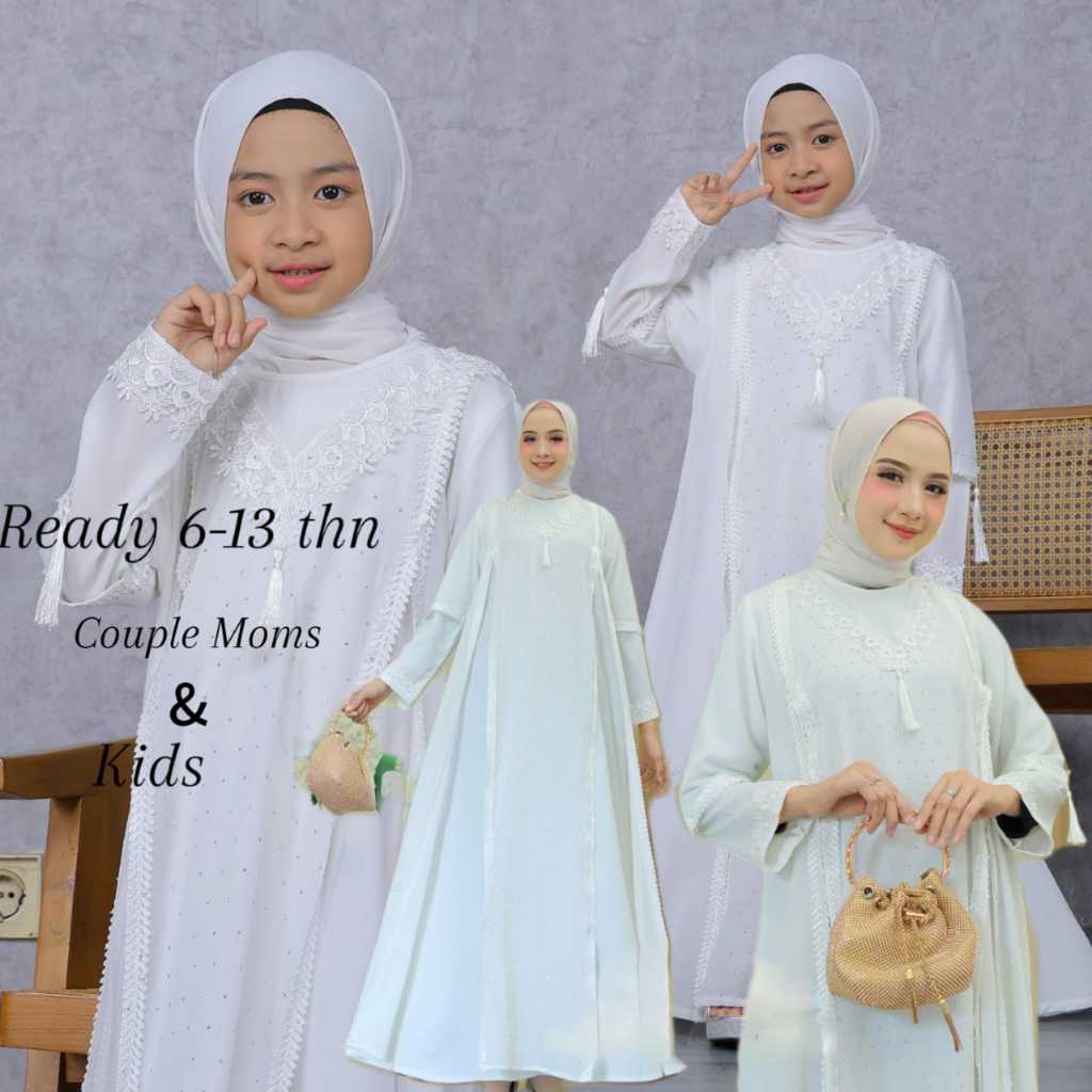 Couple Abaya ibu dan anak perempuan 6 13 thn terbaru 2024 kekinian simple mewah Gamis putih manasik-