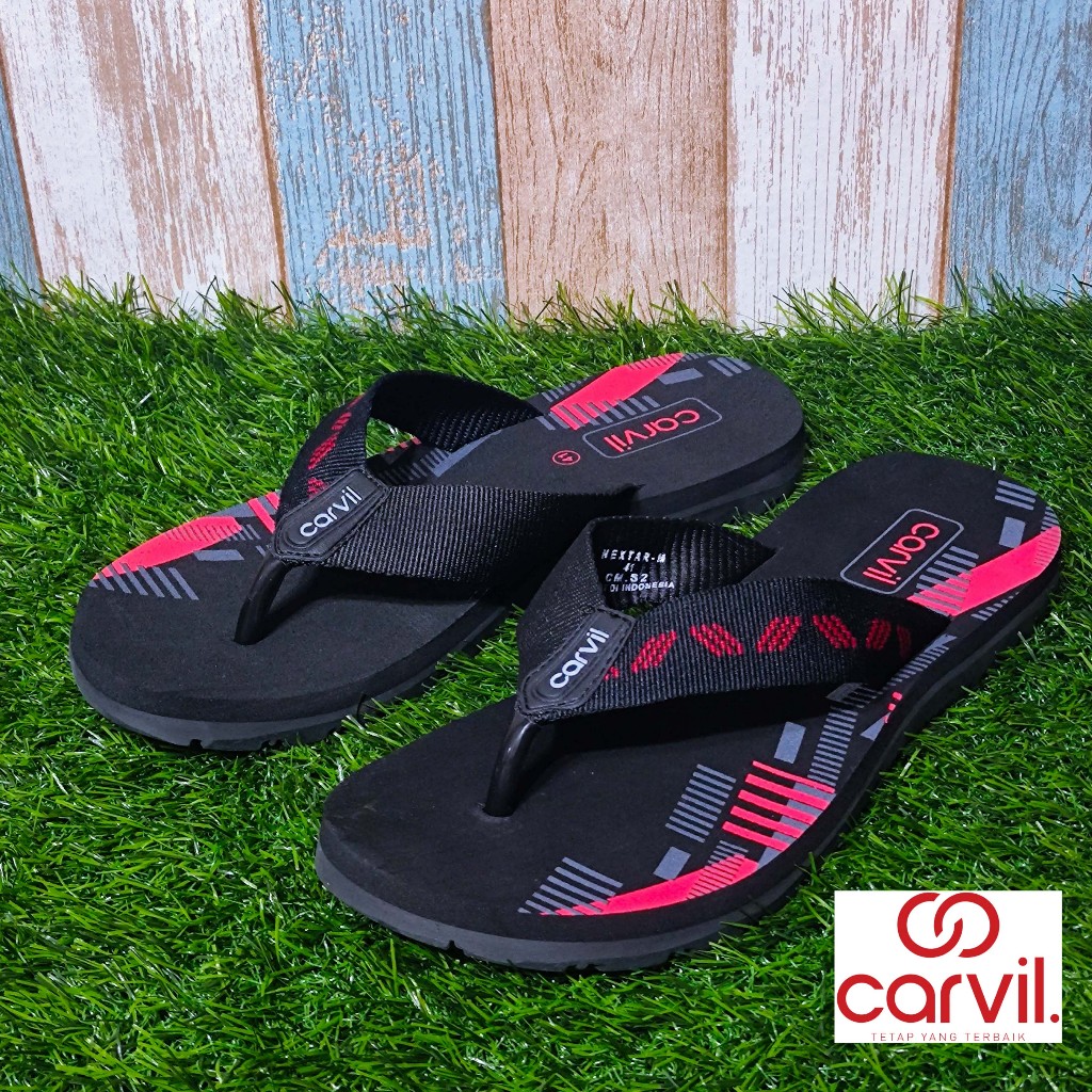 sendal carvil kekinian cewek cowok anak-anak dan remaja warna merah hitam
