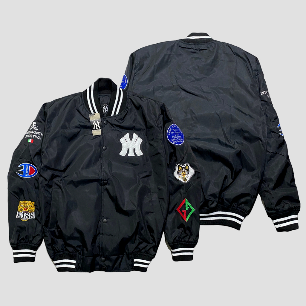 Junascloth Jaket Varsity Baseball Pria Wanita Black Motif Gambar Full Bordir