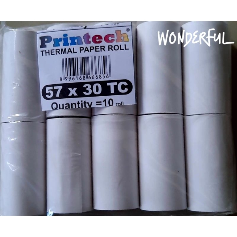 

PRINTECH KERTAS THERMAL 57x30 mm / KERTAS STRUK 58x30 mm PRINTER BLETOOTH POLOS, EDC BRI 57 X 30