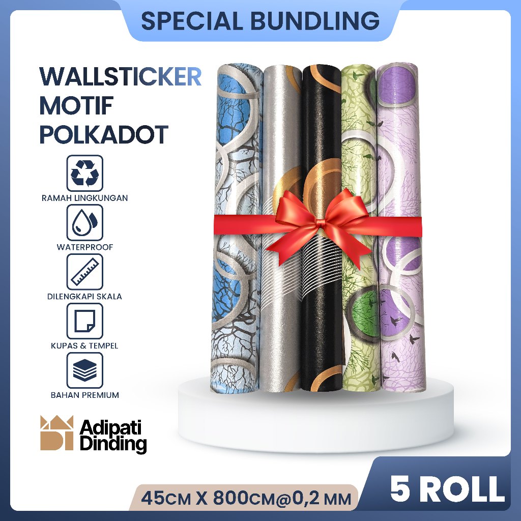 BUNDLE  PAKET ISI 5 ROLL/GULUNG WALLPAPER DINDING MOTIF POLKADOT ALL VARIANT UKURAN PER ROLL 45CM X 