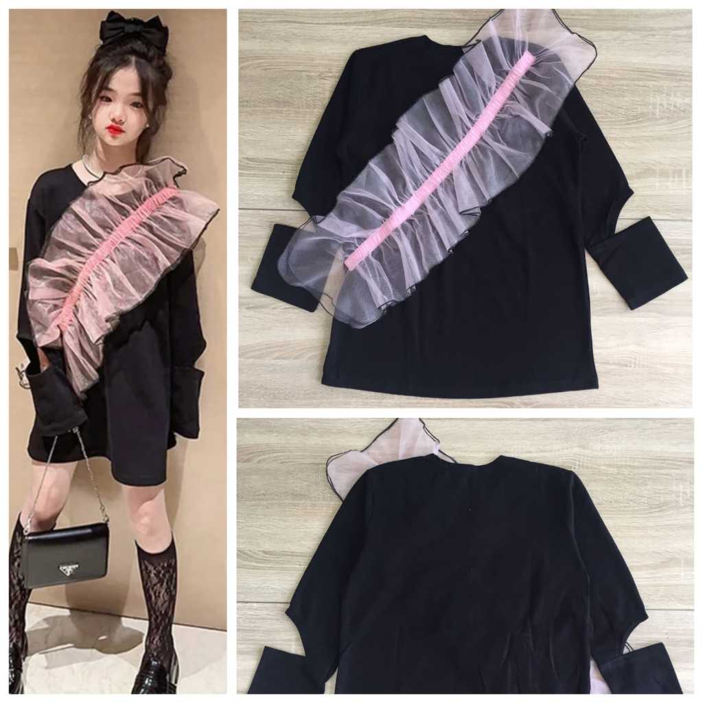 (8-13th) Dress kaos oversize anak tanggung remaja hitam pink ala korea tunik lengan panjang