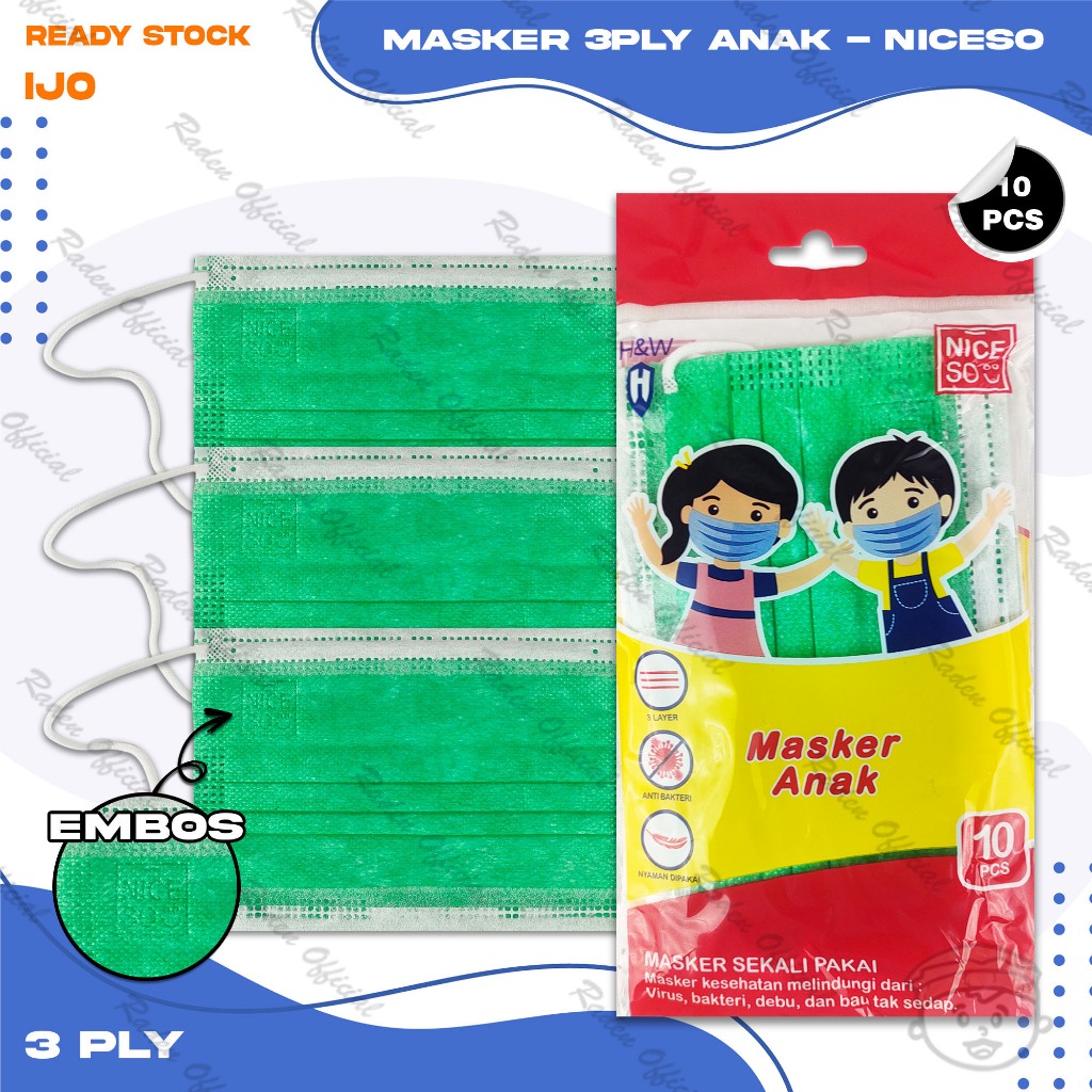 Masker Anak Medis 3Ply NICESO Isi 10Pcs Warna Hijau Green 3 Ply Earloop Surgical Mask Kemenkes