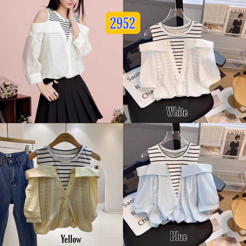 KEMEJA CROP KOMBI KAOS 2952 / KEMEJA WANITA KEKINIAN / KEMEJA WANITA KOREA IMPORT / ATASAN KOREAN