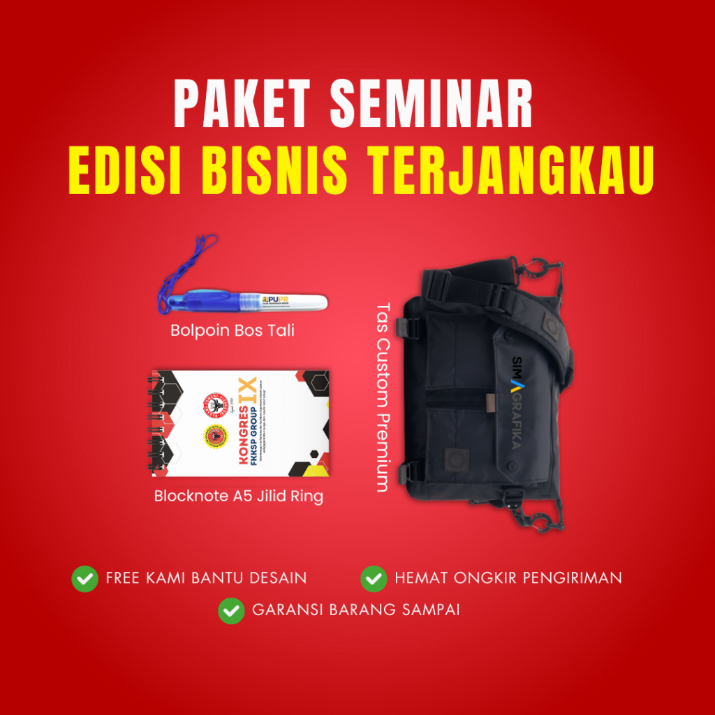 

Paket Seminar Kit Edisi Bisnis dengan Tas Seminar, Bolpoin, dan Blocknote A6