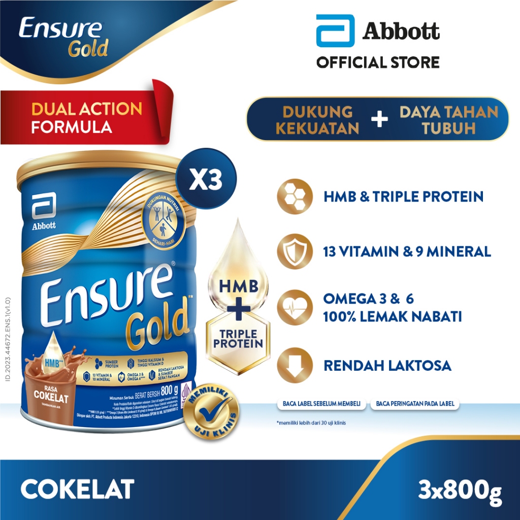 

Ensure Gold HMB Cokelat 800 g - Nutrisi Dewasa Rendah Laktosa - 3 pcs