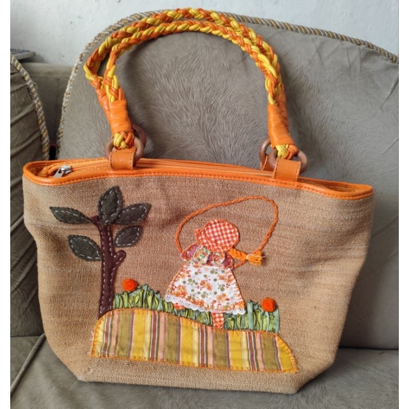 Tas Vintage Jadul thn80an dari  kain Goni buatan tangan etnik 50X40cm Minus