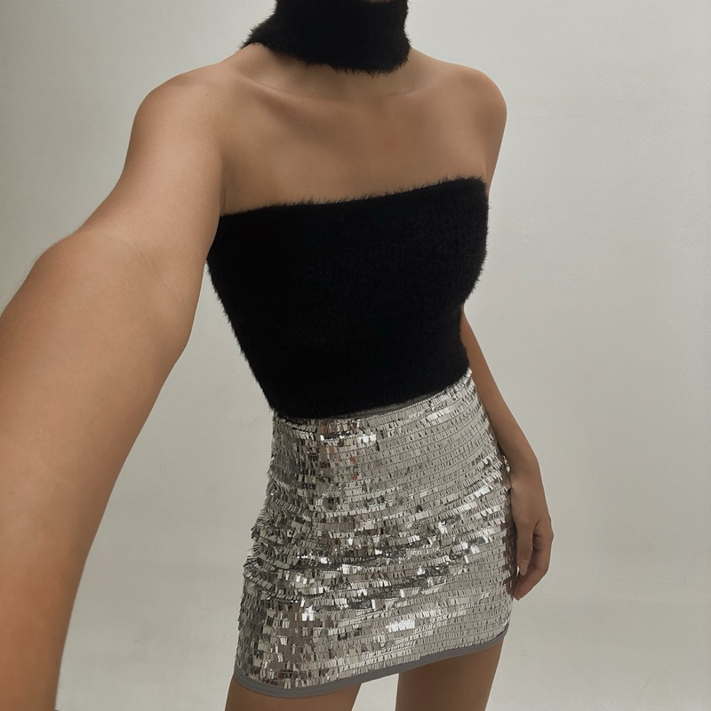 MORSE Lane Skirt | Mini Sequin Skirt Silver Black | Rok Pendek Payet