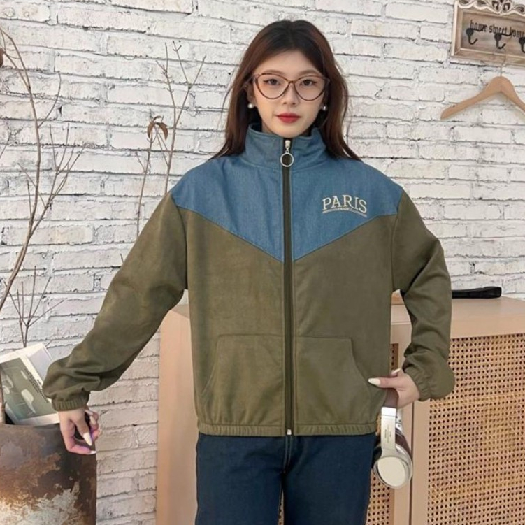 Jaket Bomber Zipper Turtleneck Wanita Premium Suede Bludru Kombinasi Denim Allsize - Paris