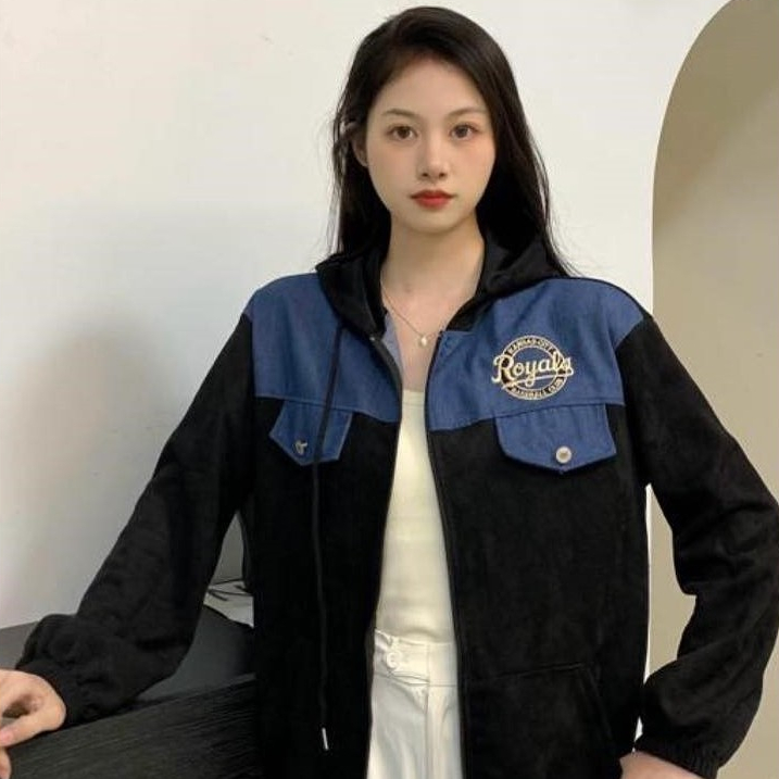 Jaket Hoodie Zipper Wanita Premium Suede Bludru Kombinasi Denim Allsize - Royals