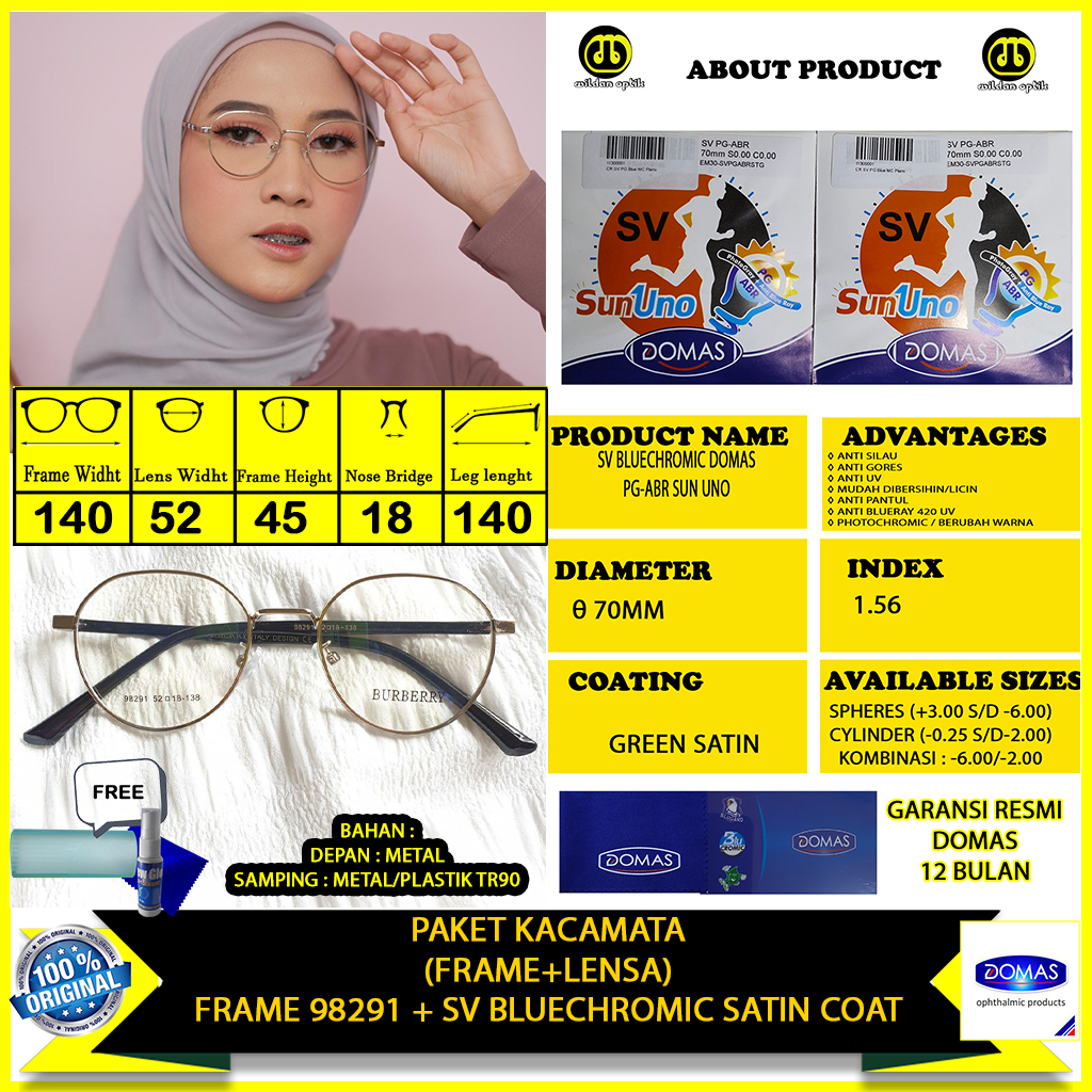 PAKET KACAMATA(FRAME+LENSA) 98291 BLUECHROMIC SUN UNO DOMAS