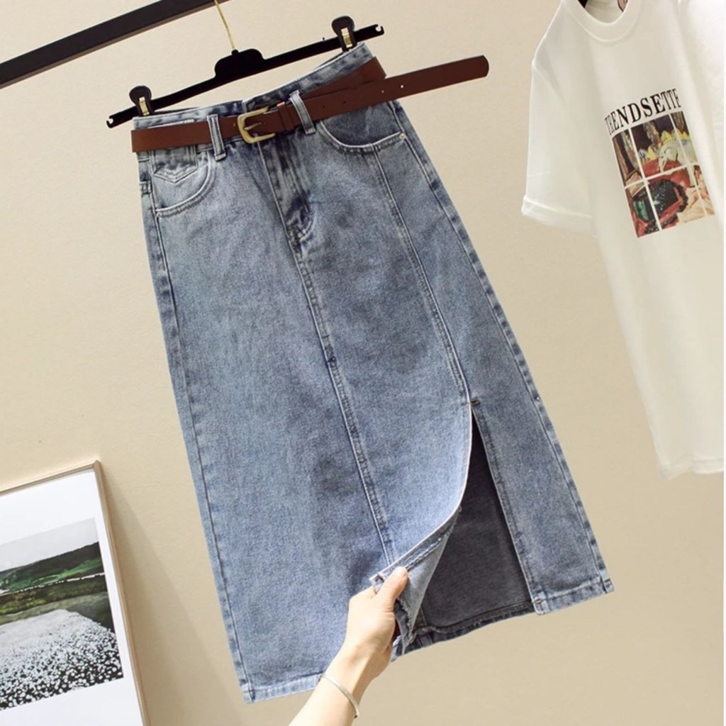 Fuji Rok Jeans Jumbo Midi Skirt High Waist Unfinish Belah Depan Pingang Karet Terbaru // Fka Fashion