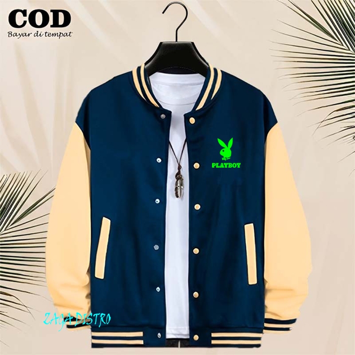 BISA COD Jaket Bomber Varsity Baseball Kancing Playboy Text Neon Varsity Pria / Baseball Distro Pria