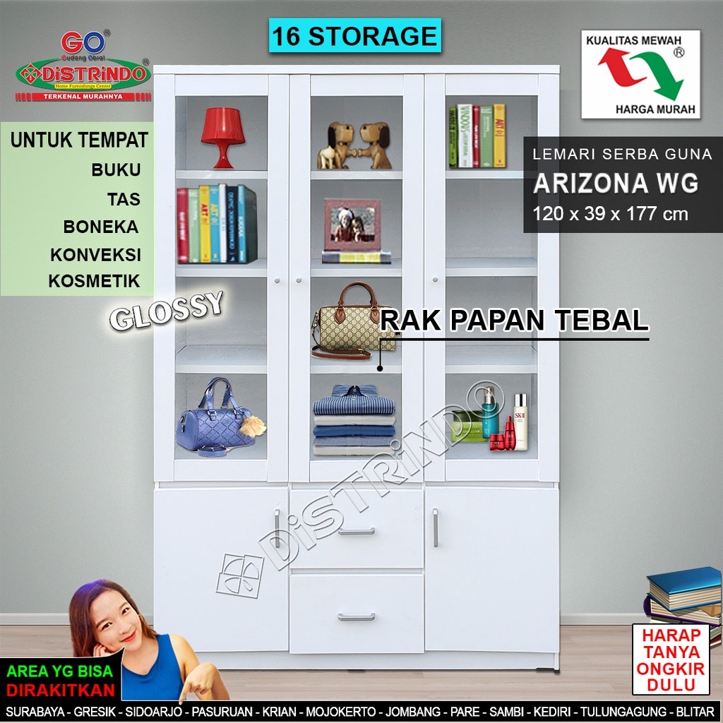 Lemari Hias Etalase banyak Rak TEBAL Pintu Kaca untuk Buku Tas Kosmetik Piring/ Gelas - DISTRINDO