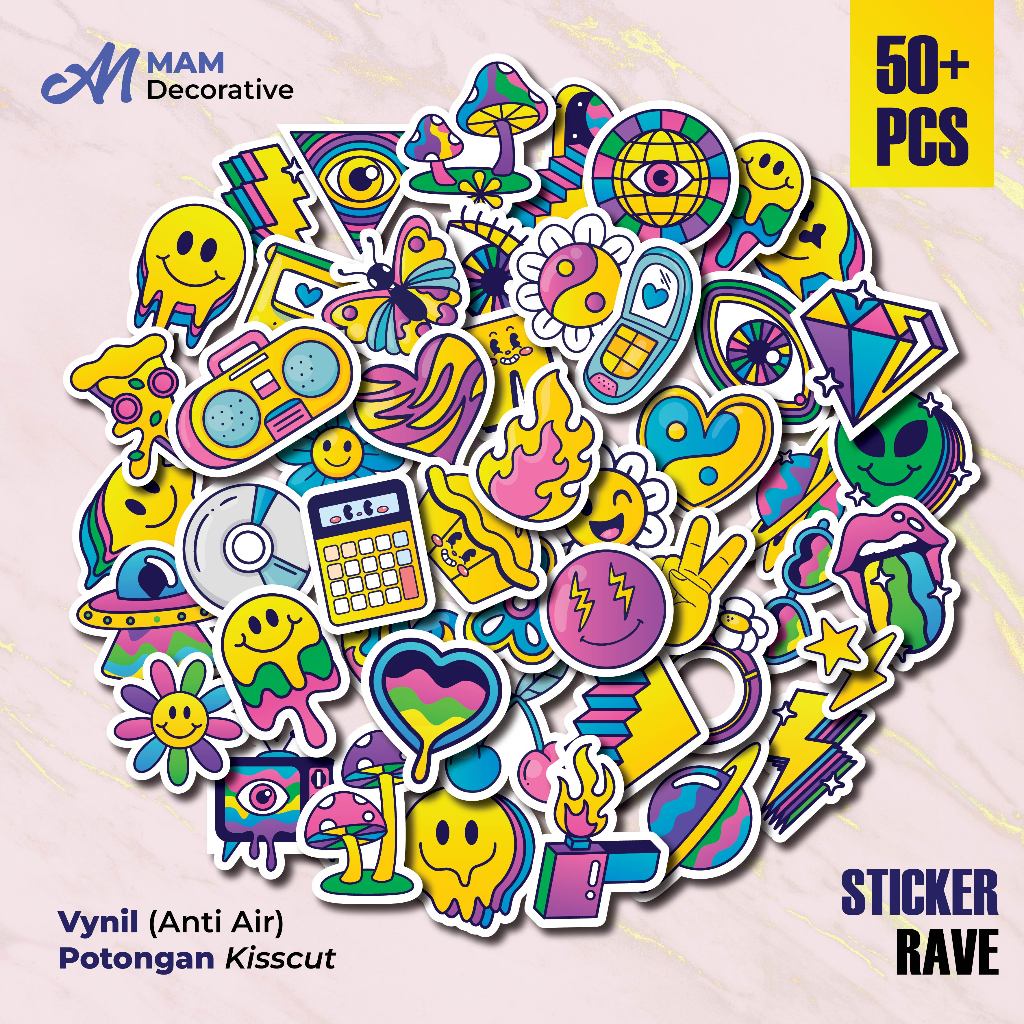 

50 PCS STIKER Aesthethic RAVE PARTY | Vinyl Waterproof | Stiker Helm Buku Journal Casing HP Laptop