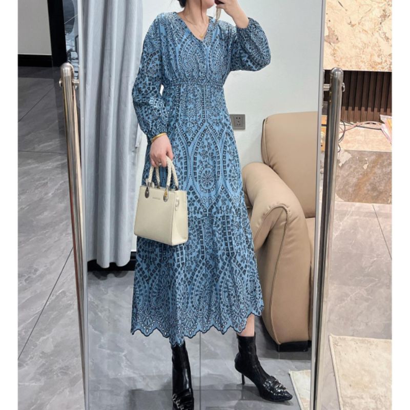 59006 Baju mididress JERMAINE EMBRODERY COTTON KATBOL KATUN BOLONG DRES VNECK lengan panjang Korea K