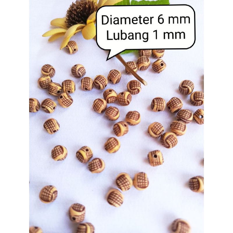 Manik Plastik Corak Kayu Bulat ETNIK 6mm - Bahan mote kalung gelang Aksesoris Murah