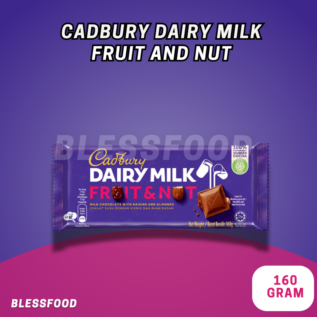 

Cadbury Dairy Milk Fruit and Nuts Cokelat Susu dengan Kismis dan Almond [Expired 2025] Import Malaysia 160g