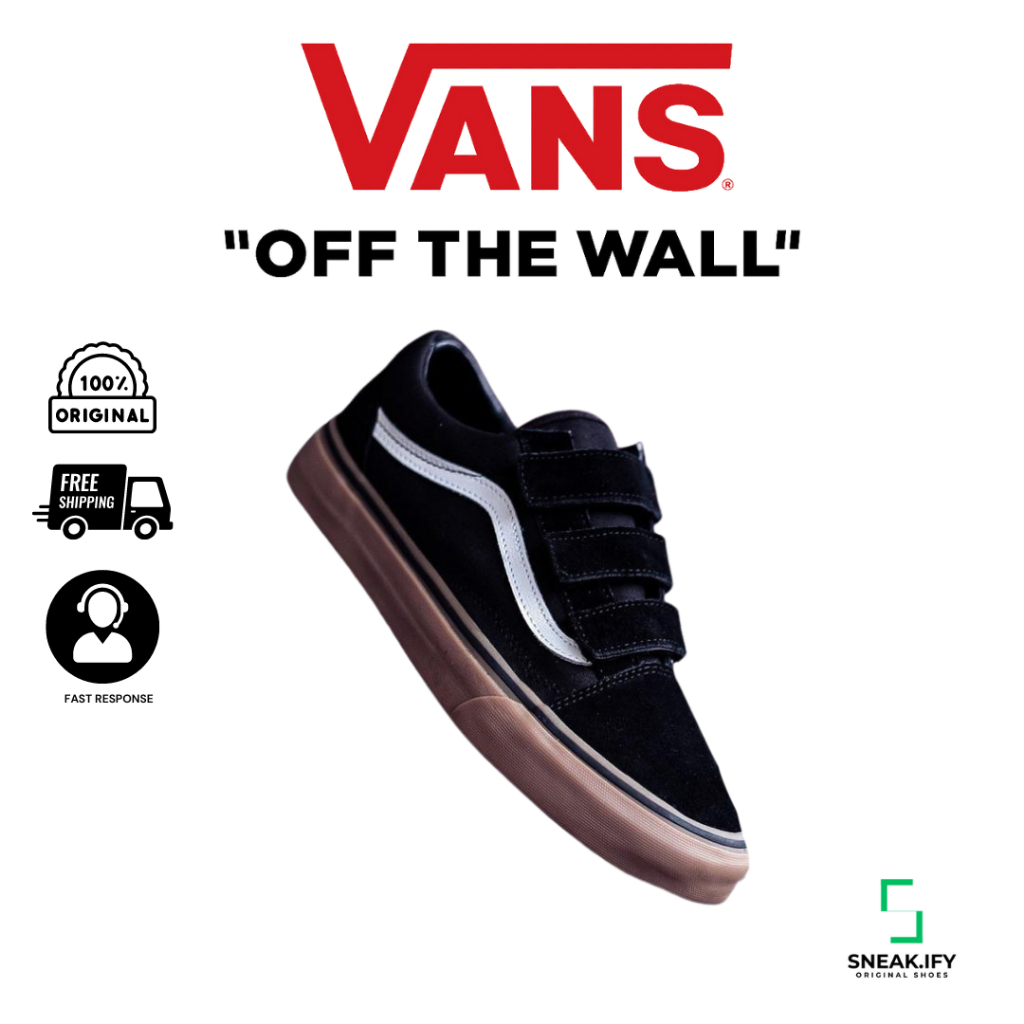 Sepatu Vans Old Skool Velcro Classic Black/Gum - Sneakers Unisex Terbaru