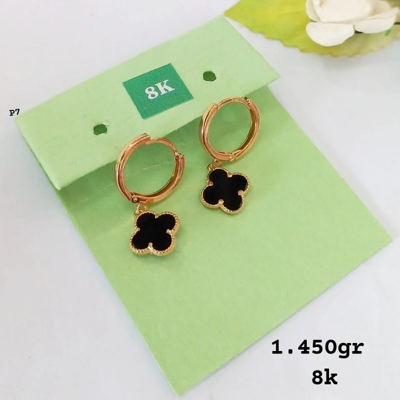 1.45 gr - Anting Emas Klip / Jepit Clover Vancleef Hitam Kadar 375 / 8K - Pi7