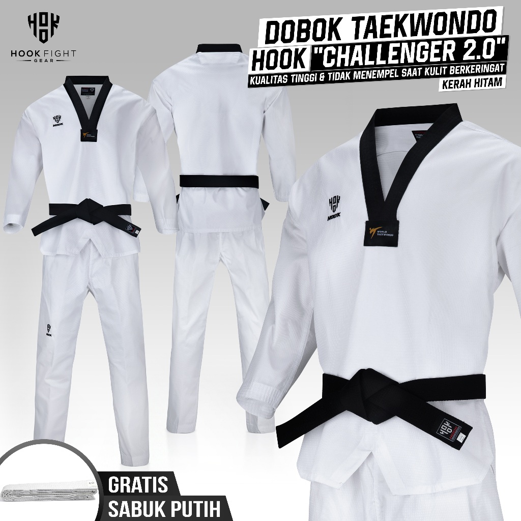 Baju Taekwondo Kerah Hitam Hook Dobok Seragam Taekwondo Dobok Seragam Taekwondo Kerah Hitam Hook