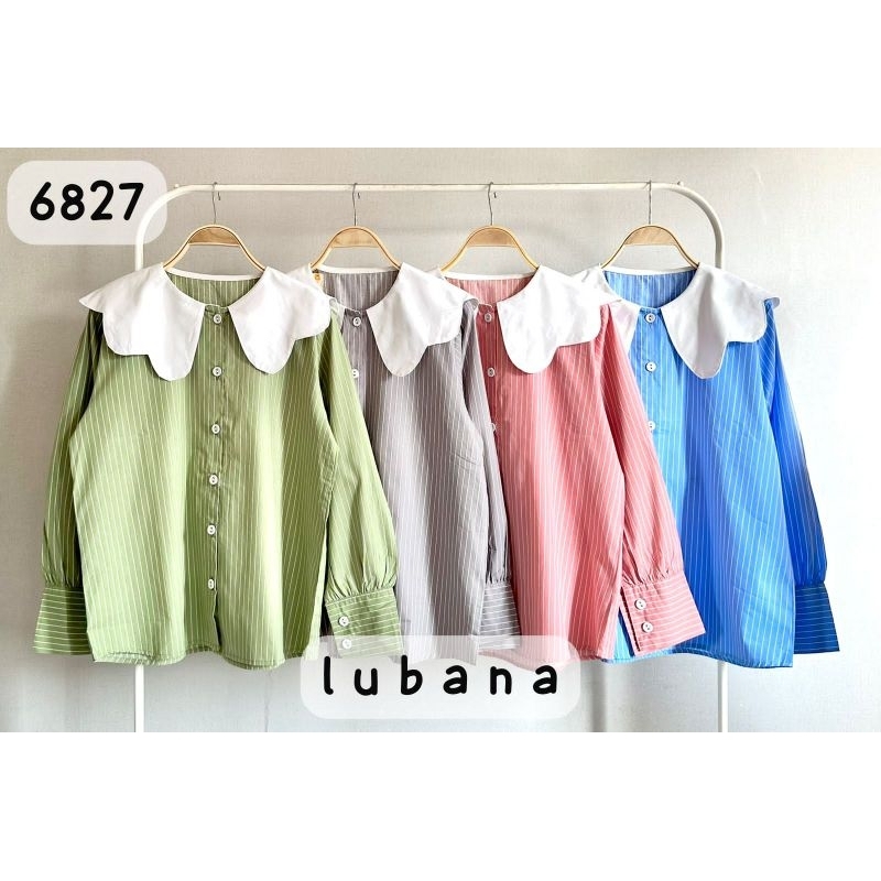 Atasan Kemeja Katun Salur Kecil Import Kerah Fashion LuBaNa New#6827