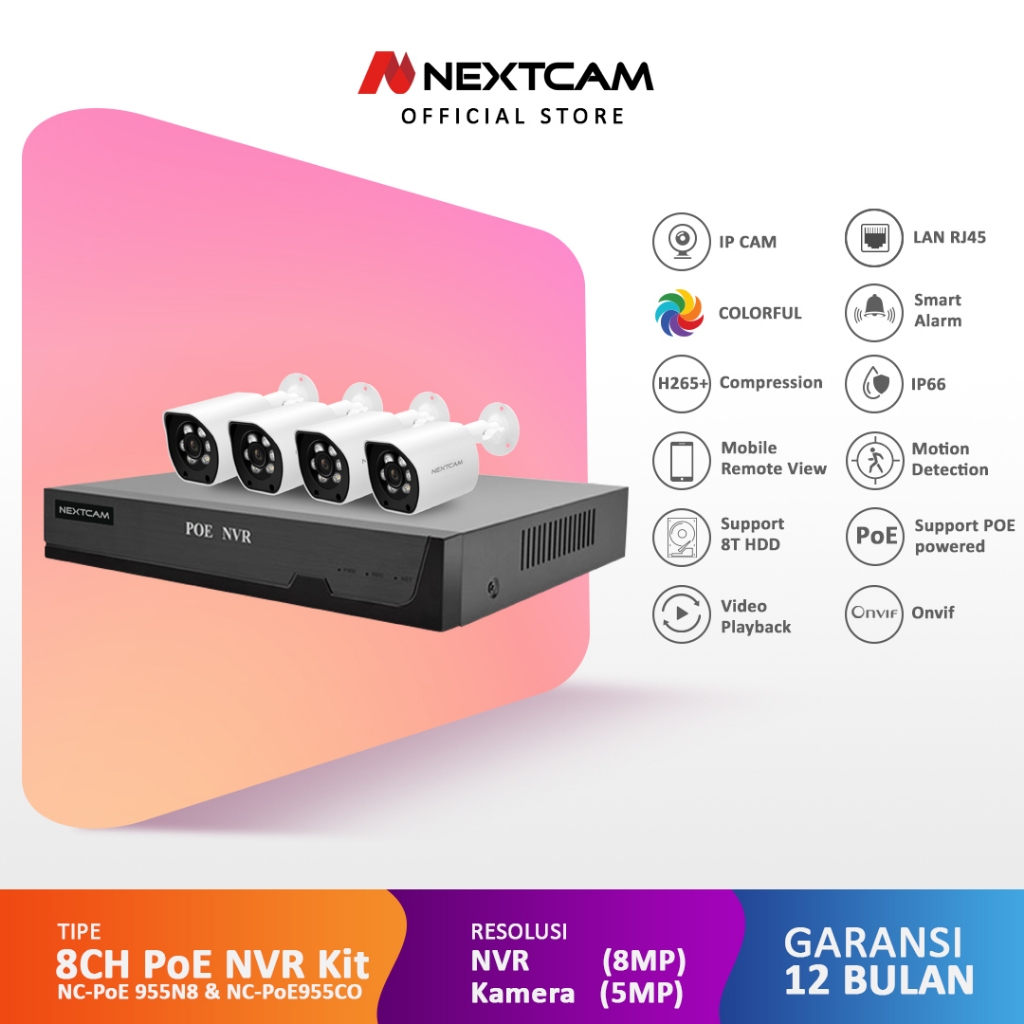 Nextcam Paket cctv POE 8 channel 8MP 4 Kamera 5MP Outdoor Komplit Kabel Tinggal pasang Tanpa perlu k