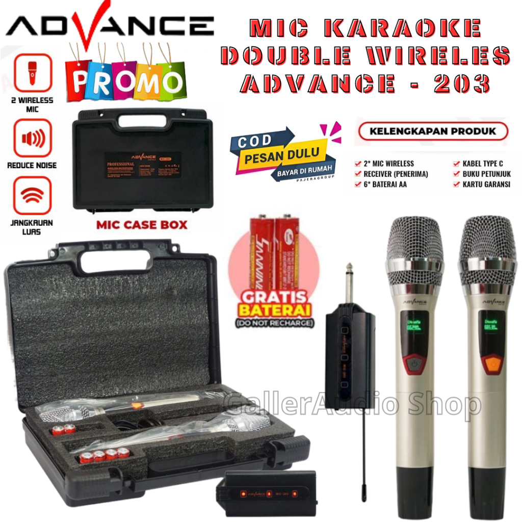 Microphone Advance MIC-203 Profesional 2 Mic Wireless Karaoke | Mic Double ADVANCE 203 Wireless Prof
