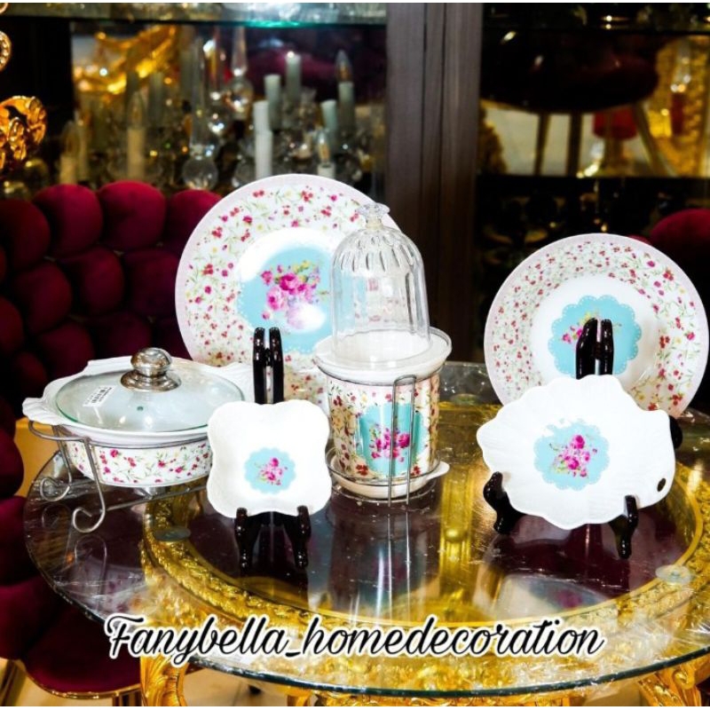 Keramik Dapur Prasmanan Tempat Soup Sendok Garpu Tier Mangkok piring keramik motif bunga biru pink s