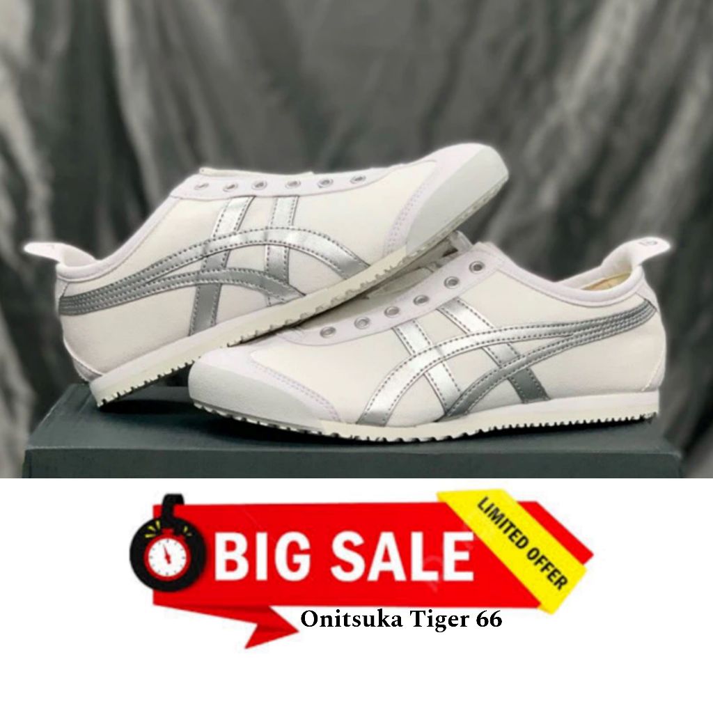 Sepatu onitsuka tiger slip on white silver original sneakers unisex pria wanita