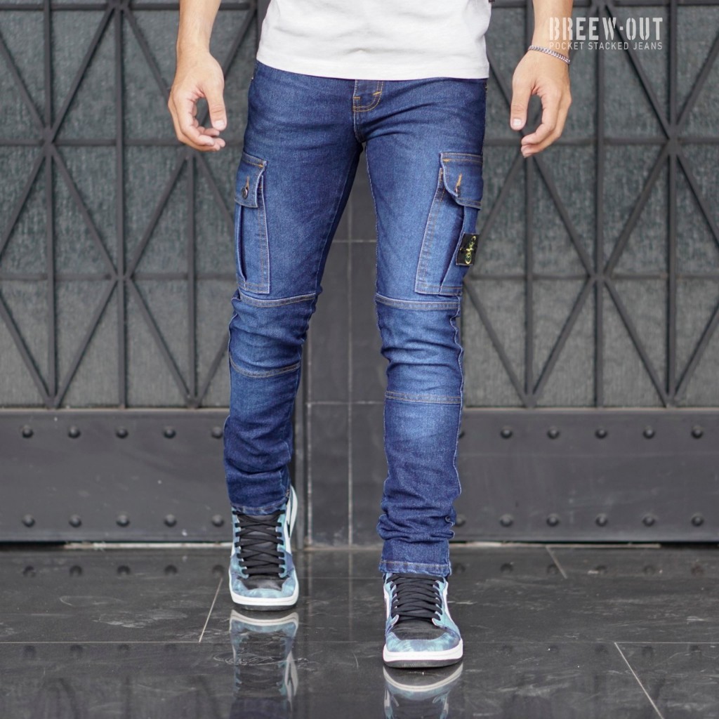 Celana Cargo Jeans Pria Original Denim Elastis Cargo Denim warna Biru Denim Celana Cargo Jeans Pria 