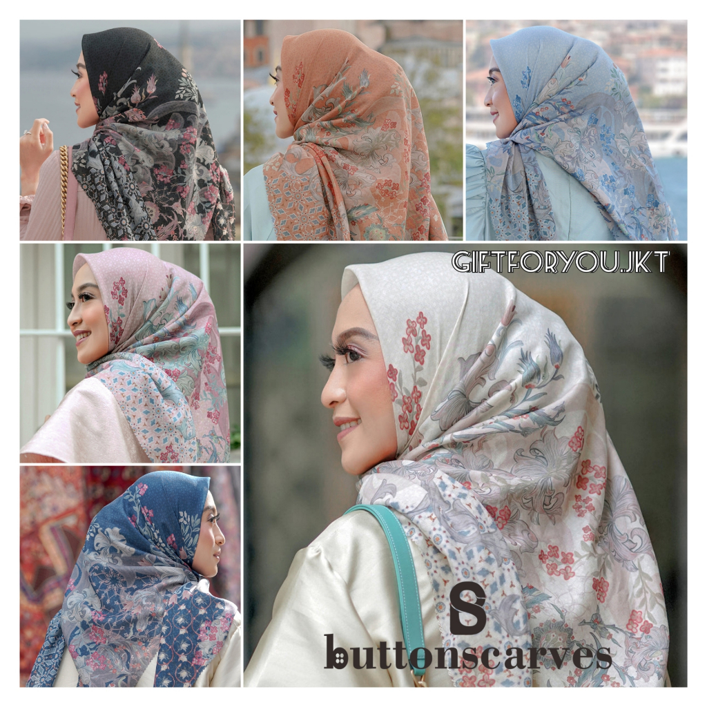 Hijab Buttonscarves Topkapi Series Voal Square Raspberry Pecan Rosewater Royal Blue Turqoise Gray Pu