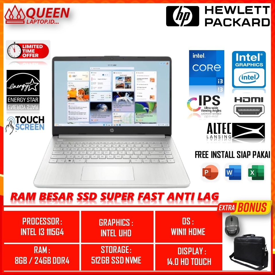 Laptop Slim Touchscreen Hp 14 Intel I3 1115G4 Ram 24GB 512GB 14.0 Inch Win11 Terlaris