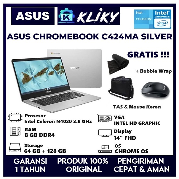 Laptop Chromebook Asus C424MA Intel N4020 Ram 8 GB Layar 14inc Full HD Silver