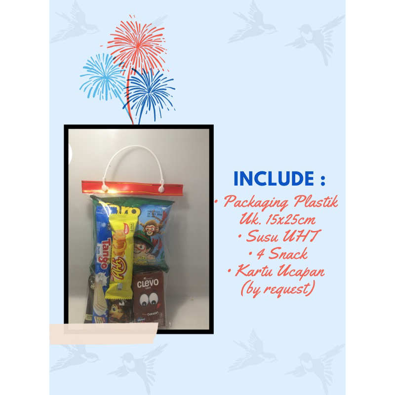 

(BELI 15 GRATIS 1) BINGKISAN SNACK ULANG TAHUN ANAK/SNACK ULTAH ANAK/PAKET ULTAH/SOUVENIR ULTAH/KHITAN/ SUNAT/NATAL/LEBARAN/CHRISTMAS/TAHUN BARU/IMLEK