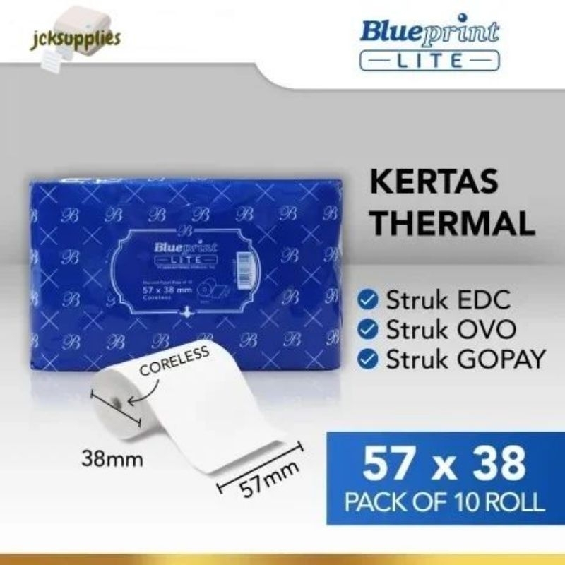 

Kertas Thermal / Kertas Kasir / Kertas Struk BLUEPRINT Lite 57x38 mm - 1 Box Isi 100 Roll