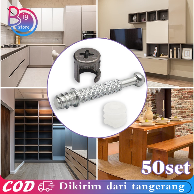 50set Minifix Baut Knock Down Skrup 40mm Baut Konektor Sambungan Kayu Socket Furniture