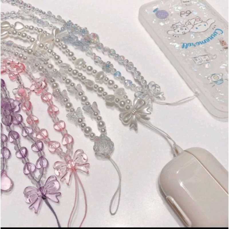 Nukitu Boutique - Tapi Lanyard Hp. Gantungan Hape Phonestrap Manik Bunga Mawar Pita Putih Aesthetic 