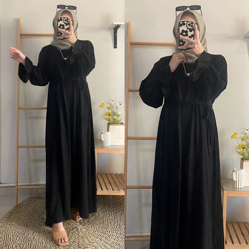 Erlena Midi Dress Remaja Terbaru Gamis Bahan Crinkle Airflow Gamis Hitam Korean Style