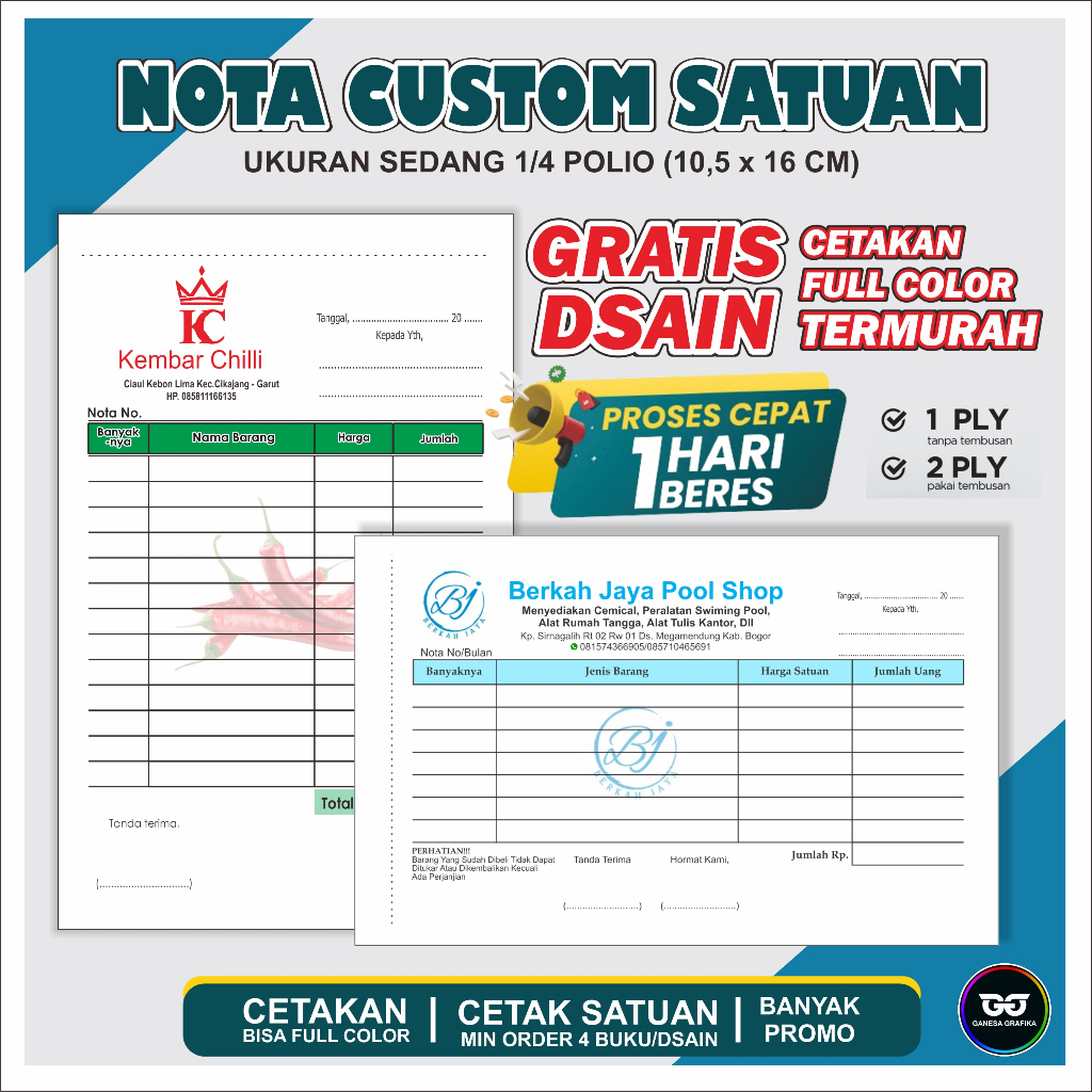 

CETAK NOTA CUSTOM 2 PLY NAMA SENDIRI UKURAN SEDANG ¼ POLIO | Nota custom 2 ply murah GANESA GRAFIKA