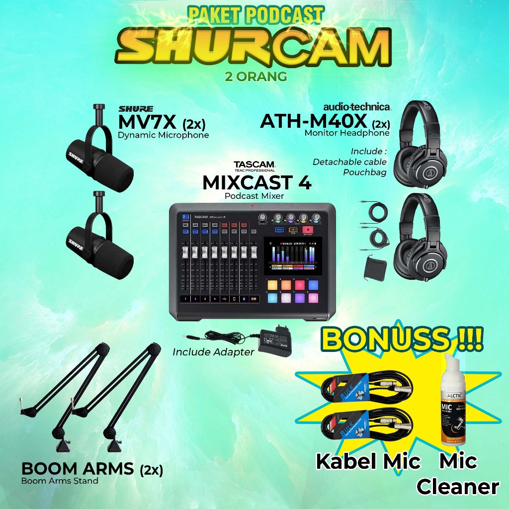 PAKET PODCAST SHURCAM 2 ORANG - Tascam MixCast 4 - Shure MV7X