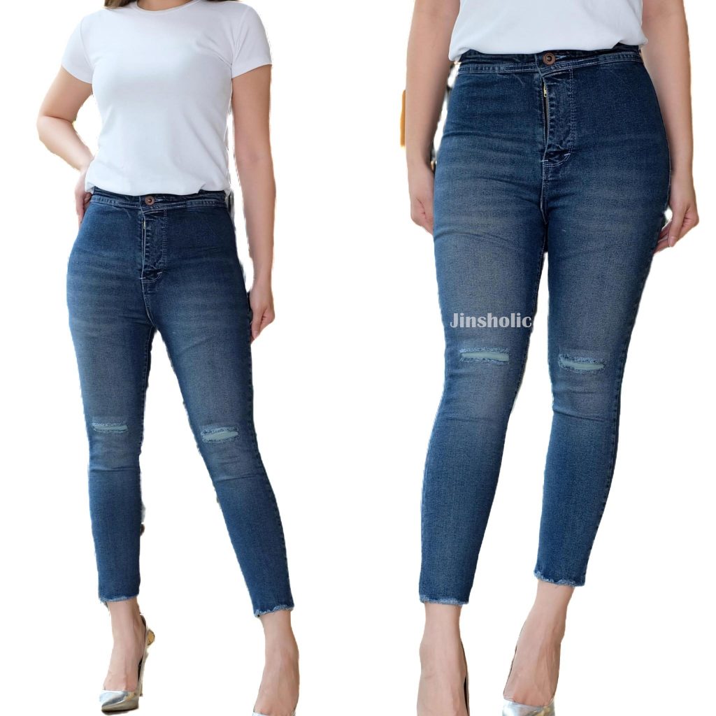 Celana Jeans 7/9 Wanita Highwaist Sobek Tidak Tembus Skinny Stretch Jinsholic 5957S Size 27-34