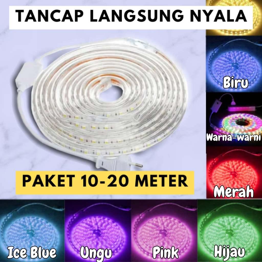 COD PAKET 10 / 20 METER LAMPU LED STRIP 5050 / 2835 / 3528 PLUS SOCKET AC 220V / LANGSUNG NYALA DAN 