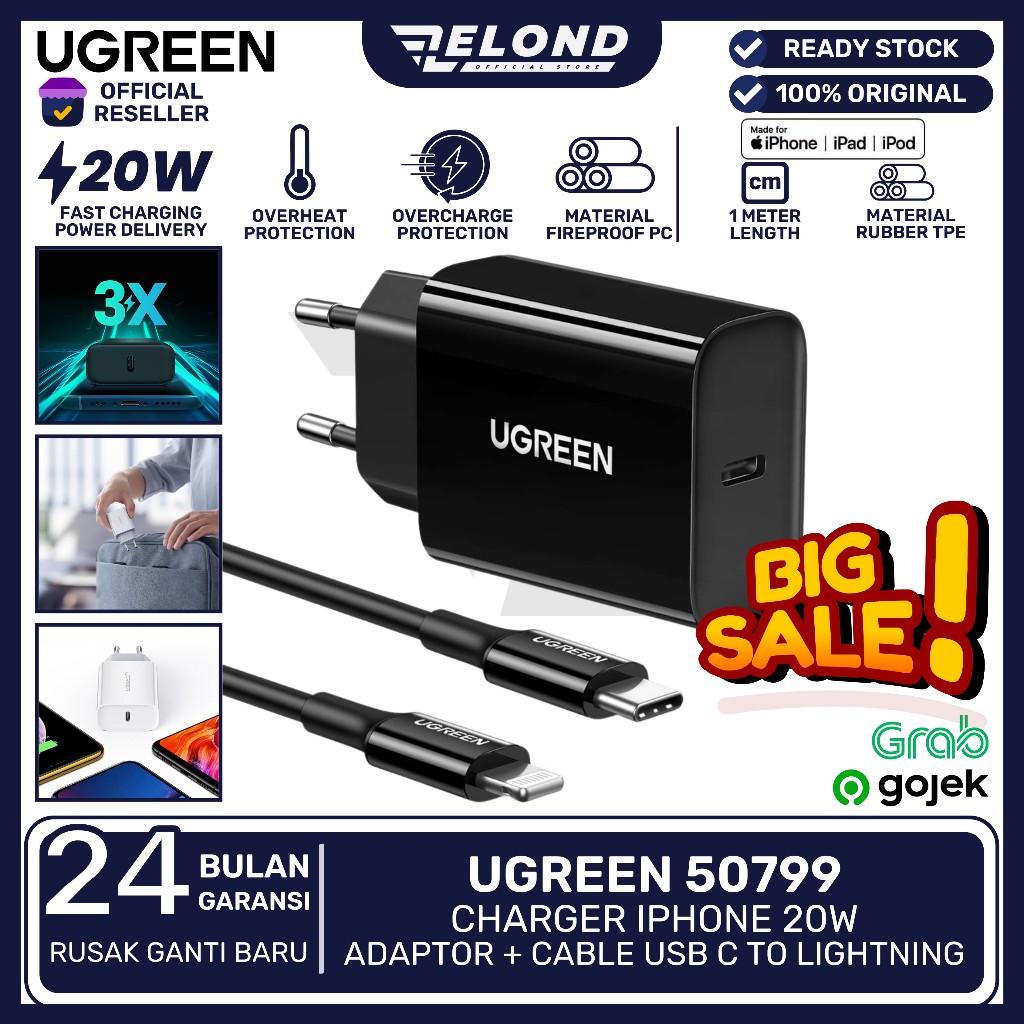 UGREEN Charger iPhone 20W Adaptor + Kabel USB Type C To Lightning MFI PD Power Delivery Fast Chargin