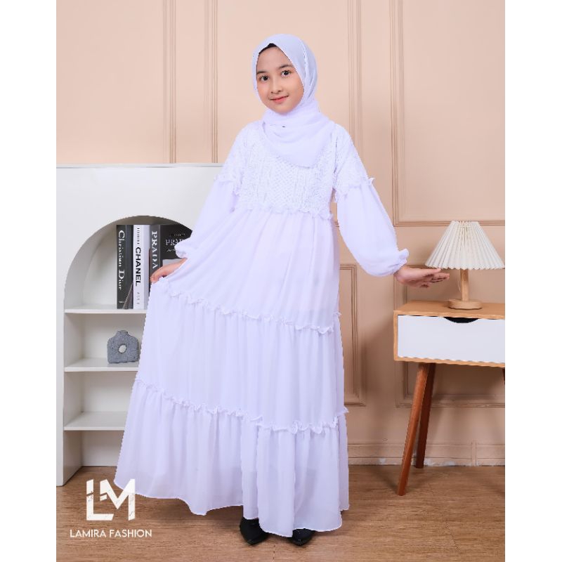 Gamis anak ceruty babydoll mix brokat malika/gamis anak terbaru/gamis anak mewah/Gamis anak putih By
