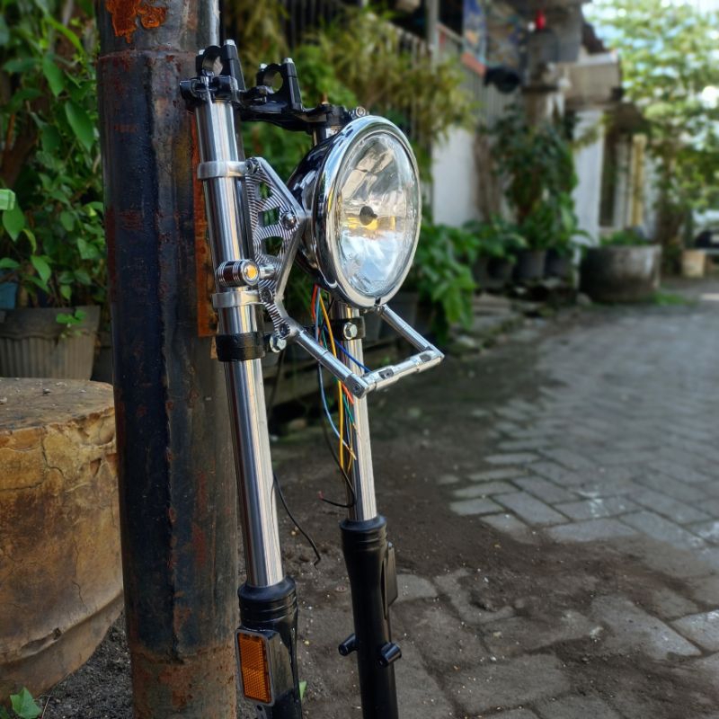 Paket Headlamp Reflektor Depan Lampu depan pesek Reflektor Jute Crom set pangkon lampu cnc plus plat