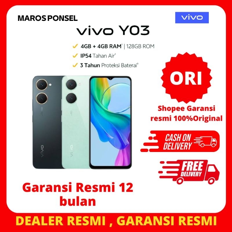 VIVO Y03 4/64 (Tdk ada kepala cas dalam dos) Y03T 4/64 (ADA KEPALA CAS) garan