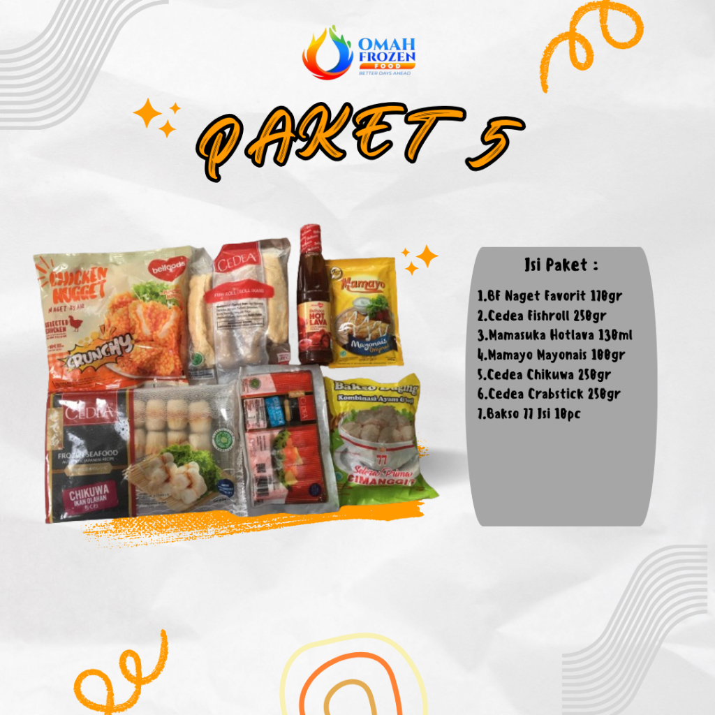 

Paket Frozen 5 Paket Frozen Food (Belfoods Crunchy, Cedea Fishroll, Mamasuka Hotlava, Mamayo Mayonais, Cedea Chikuwa, Cedea Crabstik, Bakso 77) (NON COD DILUAR KOTA JATENG)