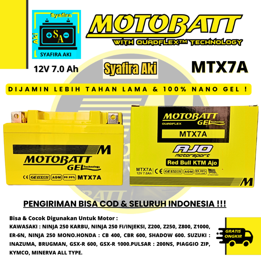 Aki Motor Piaggio Zip Motobatt MTX7A Aki Gel Aki Kering 7Ah